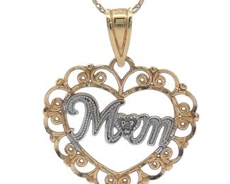 Cursive MOM Filigree Heart Pendant Necklace in 14k Two-Tone Gold