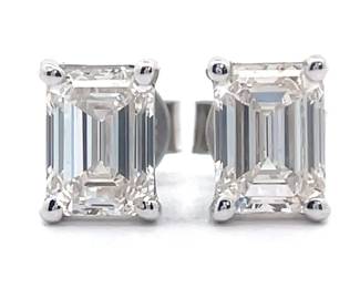 NEW! 2 Carat Diamond Emerald Cut Solitaire Stud Earrings in 14k White Gold