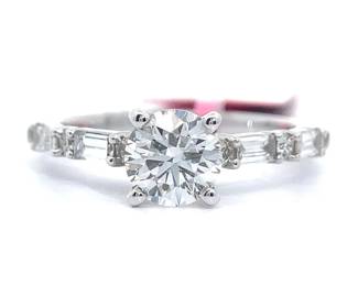 NEW! 1.52 Carat Round & Baguette Diamond Ring in 14k White Gold