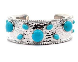 Abstract Sterling Silver Turquoise Navajo Hammered Finish Bangle Bracelet Cuff