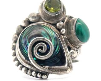 Abalone, Malachite & Peridot Abstract Flower Ring