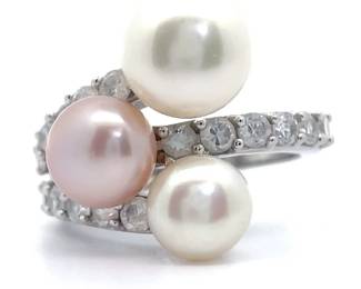 Triple Freshwater Pearl & Cubic Zirconia Split Wrap Ring