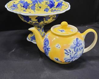 Yellow & Blue Herman Dodge tea pot and bowl