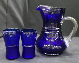 Vintage Cobalt Blue Glass Louie Pitcher and cups