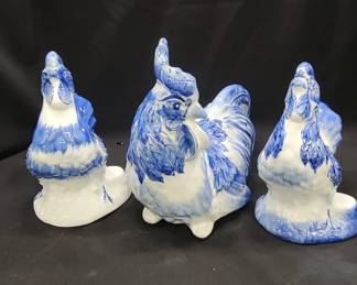 Cobalt blue hand-painted delft style roosters