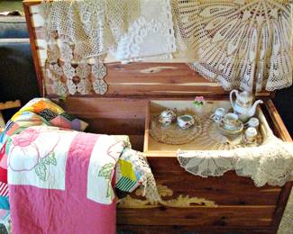 Cedar Chest / Handmade King Size Quilts / Vintage Crochet Doilies and Table Cloths