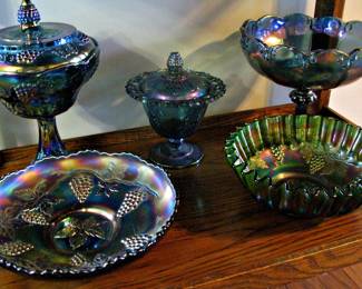 Carnival Glass Blue and Green Iridescent Pieces