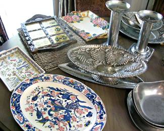 Vintage Japanese Imari Pattern Bird Platter / Metal Pewter Oval Fruit Tray Repousse and other Pewter Stainless Dishes