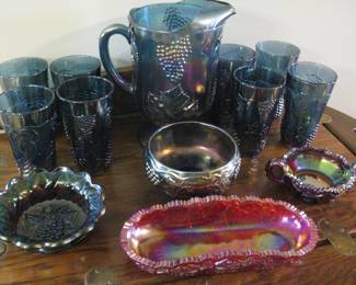 Vintage Indiana Harvest Grape Blue Iridescent Pitcher and Four Tumblers / Vintage Indiana Harvest Grape Blue Carnival Glass Candy Dish and other Carnival Glass Pieces