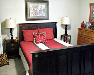 Pier 1 Shanghai Dark Wood Queen Bed with Mattress Excellent New Condition