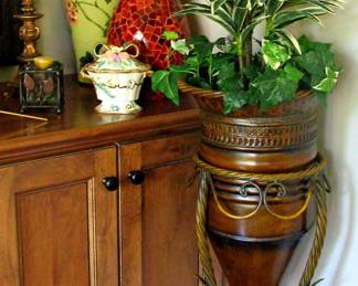 Metal Planter on Stand with Silk Plant / Other Vases and Silk Flowers