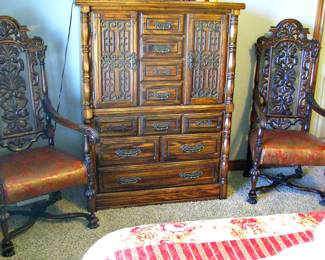 Matching Carved Wood Chest / Large Pair of Carolean Style Carved Oak Throne Chairs