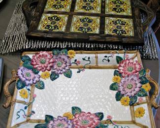Fitz and Floyd Large Platter / Tile and Carved Wood Platter Trays