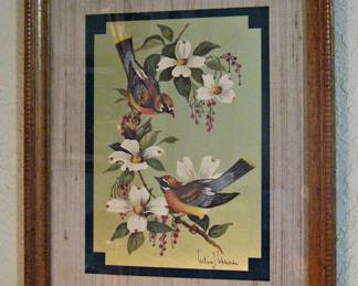 Vintage William J. Whiteside Sparrows and Botanical Flowers Art Foil Print Signed