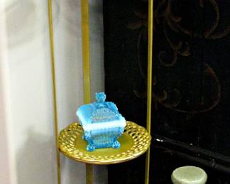 Antique - Glass Pitcher Blue with Ruffle Pinched edge and other Vintage Blue Dish Vases