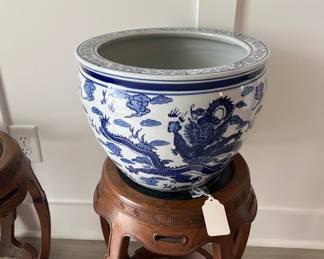 Blue and white fishbowl planter