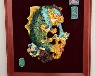 Chinese glazed porcelain dragon fish wall plaque