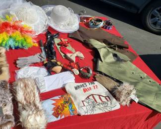 Shirts, vests, belts, fun wigs, decorative hats, costume jewelry, bracelets, gloves