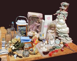 Porcelain vintage dolls, figurines, decanters and household items