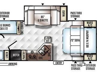 Open Rockwood floorplan feels large, yet, box length is only 21'. Bumper to hitch = 25.5'. This trailer is easy to to and maneuver.