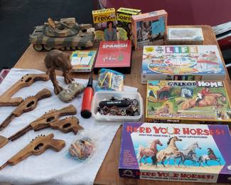 Rubber band shooters, Board games, Robotic T-Rex, GI Joe Tank, French, Spanish language tutorials, Educational flashcards