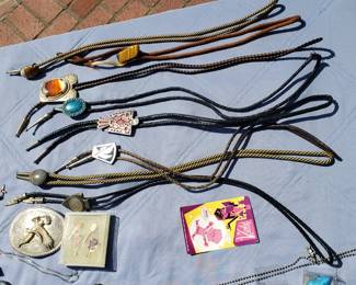 Bolo Ties and Belt buckles, petrified shark teeth