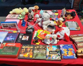 Vintage Peanuts books (1965), Ty stuffed animals, Vintage Looneytoons metal figurines (1974), Collectable DVD's Model Train, Tiaras, misc. books and children's toys