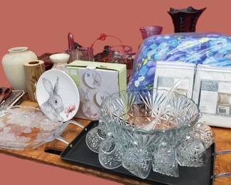 Punch Bowls, Vintage Vases, Quilt, Serving Trays and dishes, Plates, griddle, Crystal