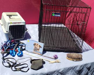 Dog Leashes, harnesses and muzzle, cat and Dog carriers crates, horse brush, New unopened Dog DNA test Kit