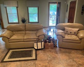 Beige Leather Love Seat and Chair