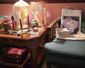 Basement left, glass top side table matches the coffee table and media cabinet.