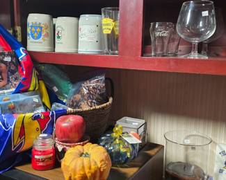 Basement left bar area, some KU stuff and a microwave and some cool liquid vessels.