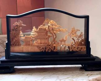 Vintage Chinese Cork Diorama With Cranes Pagodas