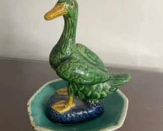 1900s Chinese, Mud Pottery, Glazed Goose Figurine Chinese Famille Rose Octagonal Dish