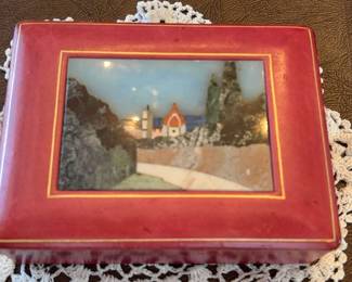 Italian Leather Wrapped Box With Tile Inlay