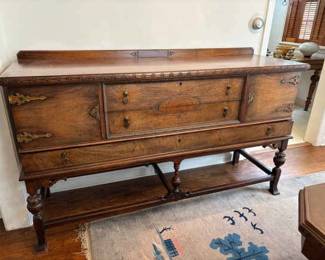 Jacobean Style Wood Side Board With Ornate Strap Hinges