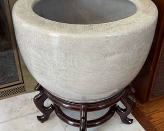 Large Ceramic Pot With Wood Base