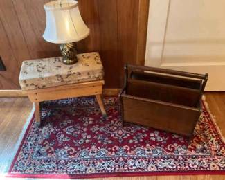 Decorative DecorSmall Brass Lamp, Bench, Rug Magazine Rack