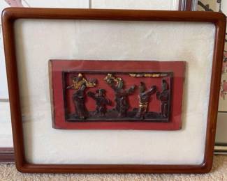 Vintage Chinese Hand Carved Red Lacquer Gilt Wood Panel w Relief