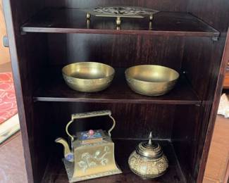 Small Locking Wood Cabinet With Brass Collectibles