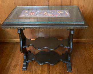Antique Side Table With Embroidered Panel Under Glass