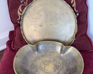 Chinese Brass Bowl Tray With Engraved Design