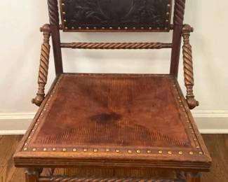 Antique Embossed Eagle Leather Barley Twist Gothic Revival Chair
