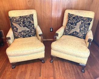 Pair Of Upholstered Chairs With Accent Swan Pillows