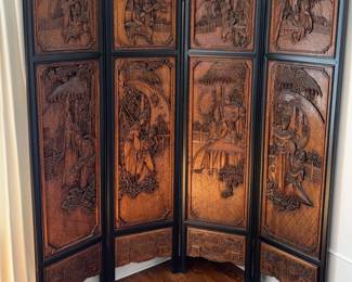 Far Eastern Theme Carved Wood 4 Panel Screen