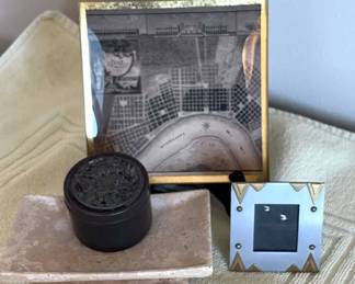 Miniatures New Orleans Map, Owl Lidded Pill Box, Tiny Frame and Stoneware Holder