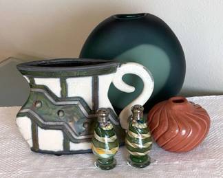 American Raku Art Pottery Vessel, signed Lana, Alvina Yepa Pot, SP Shakers Satin Glass Vase