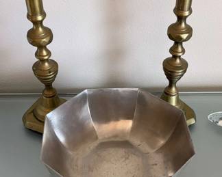Gorham Pewter Bowl Complementing Brass Candle Holders