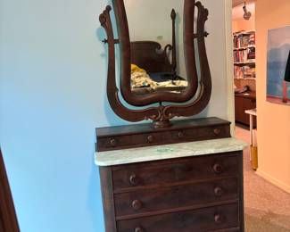Antique Empire Chest with Marble Top and Incredible Mirror | *AVAILABLE FOR PRESALE* | $250 | Chest Dimensions: 37"wide 19.5"deep 39.5"tall | Mirror Dimensions: 45"tall 28"wide