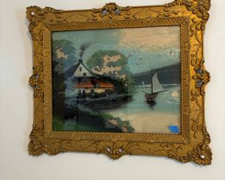 Antique reverse painting on glass w incredible frame